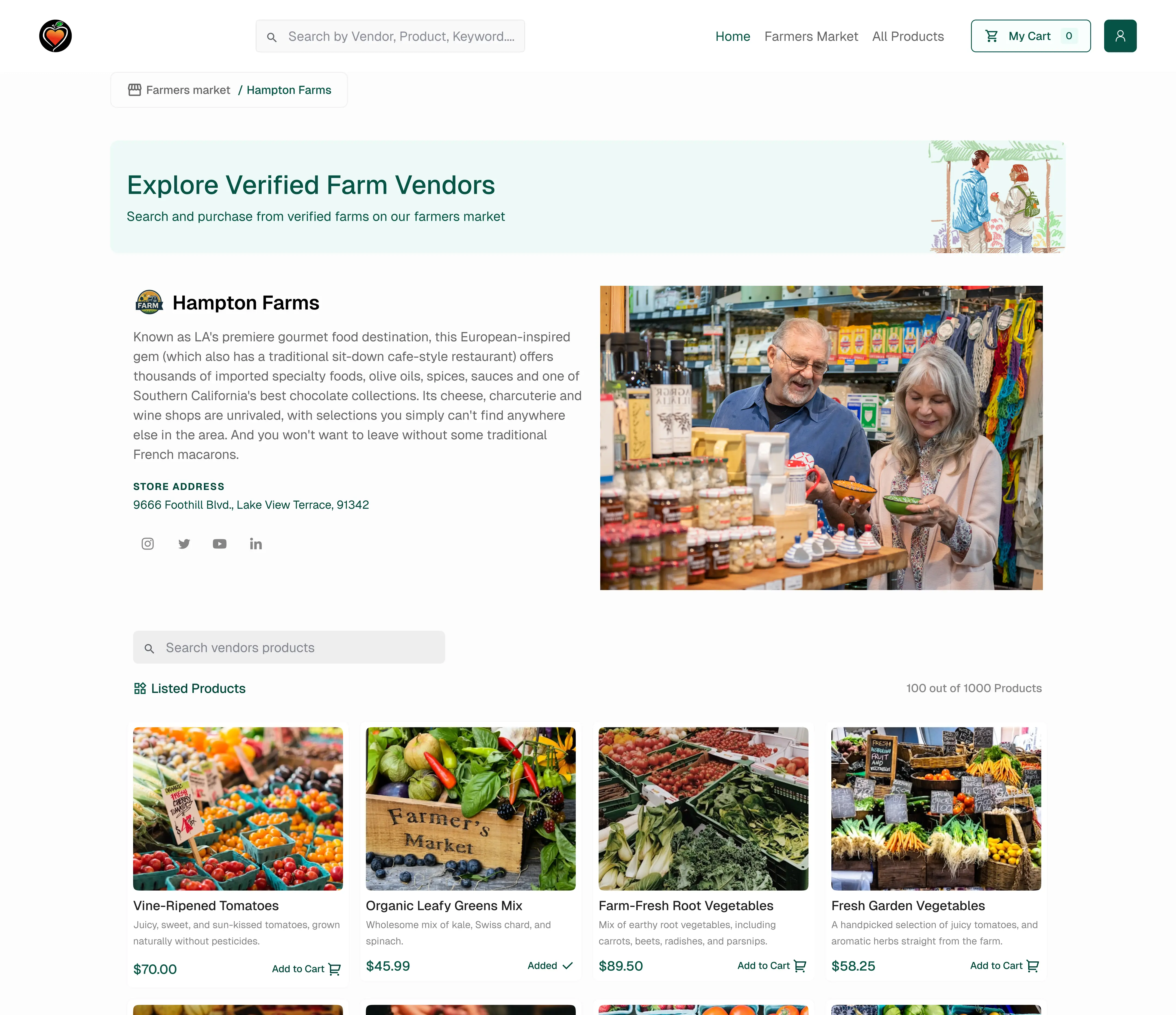 Vendor storefront showing product grid and add-to-cart actions